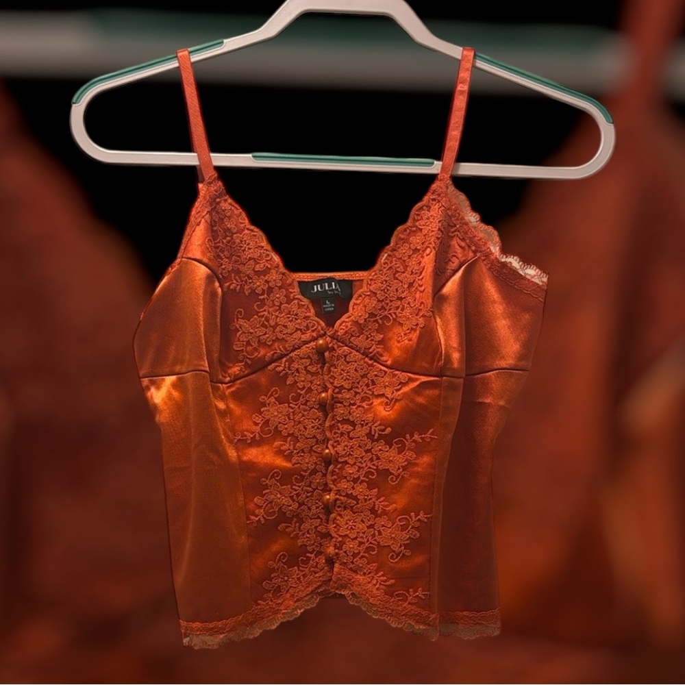 Orange Lace Trim Satin Top